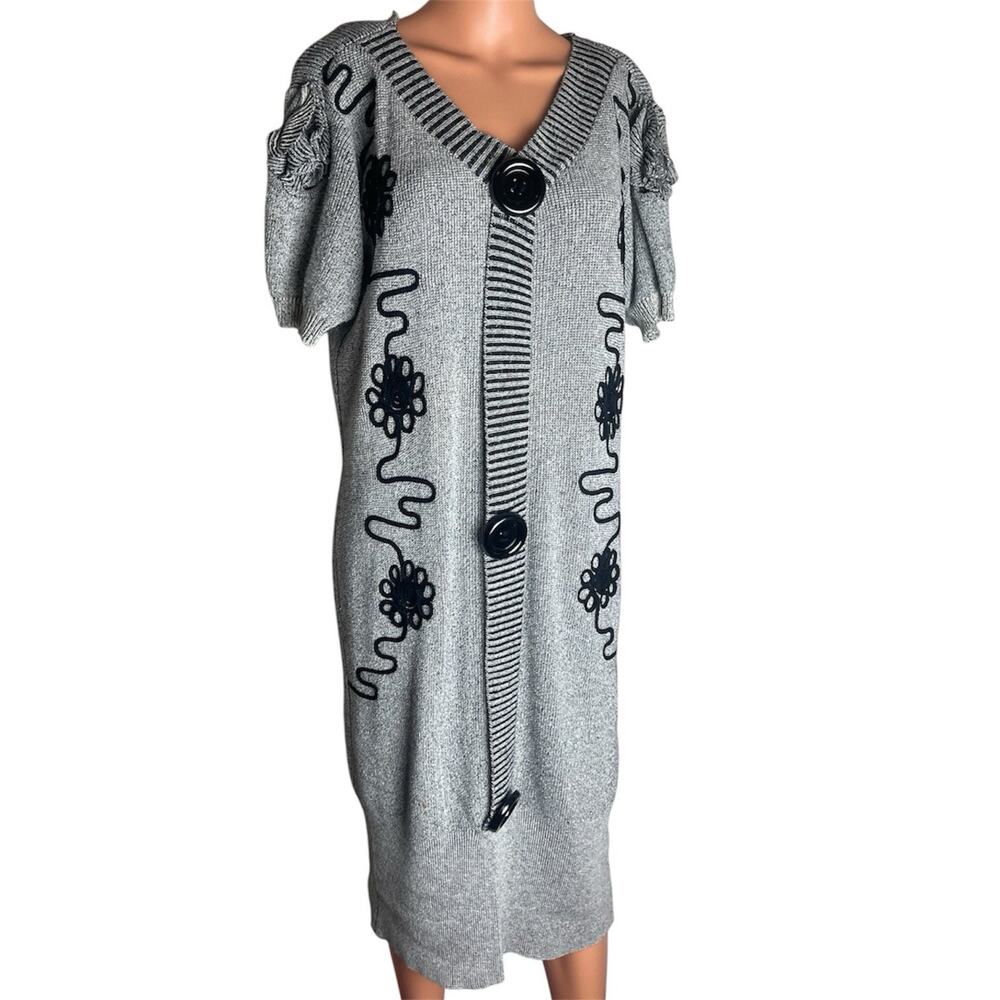 Grey Long Button Front Sweater Dress Long Sleeve Warm Soft Floral Large / XL